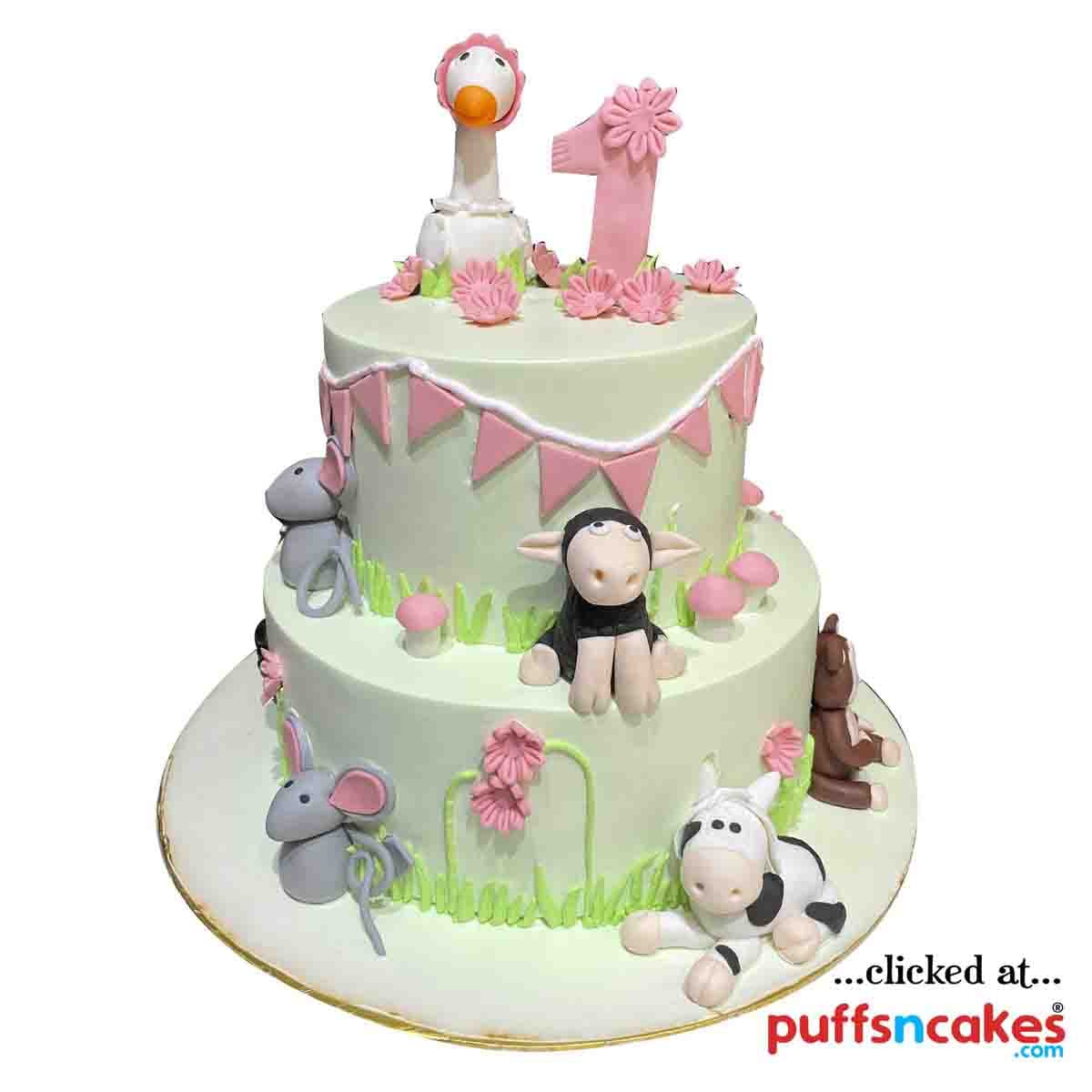 (1598) Baby Girl First Birthday Animals Jungle Theme Semi Fondant Cake